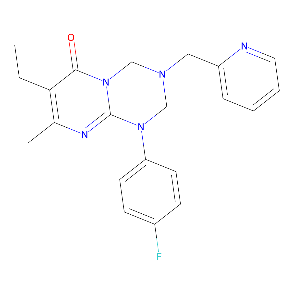 7-ethyl-1-(4-fluorophenyl)-8-methyl-3-(pyridin-2-ylmethyl)-1,2,3,4-tetrahydro-6H-pyrimido[1,2-a][1,3,5]triazin-6-one molecular structure, CAS 1158477-94-1