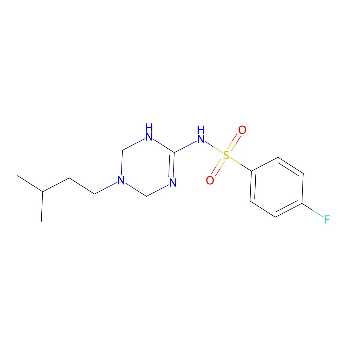 4-fluoro-N-[5-(3-methylbutyl)-1,4,5,6-tetrahydro-1,3,5-triazin-2-yl]benzenesulfonamide molecular structure, CAS 1158482-58-6