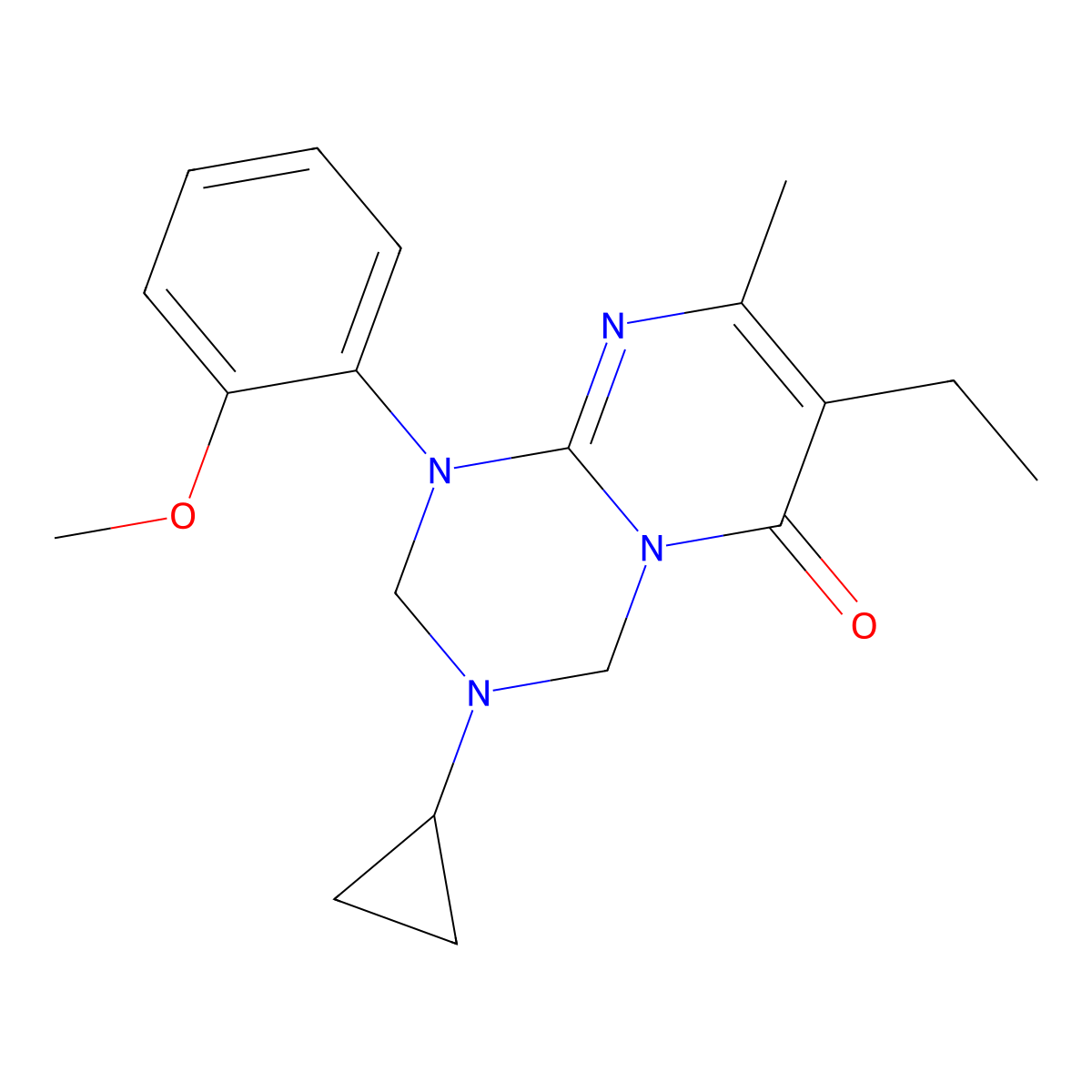 3-cyclopropyl-7-ethyl-1-(2-methoxyphenyl)-8-methyl-1,2,3,4-tetrahydro-6H-pyrimido[1,2-a][1,3,5]triazin-6-one molecular structure, CAS 1158483-58-9