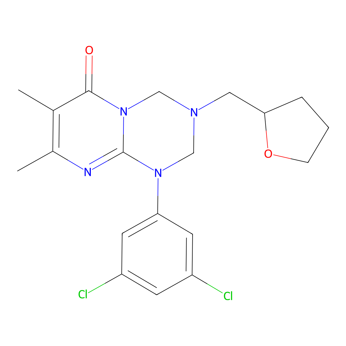 1-(3,5-dichlorophenyl)-7,8-dimethyl-3-(tetrahydrofuran-2-ylmethyl)-1,2,3,4-tetrahydro-6H-pyrimido[1,2-a][1,3,5]triazin-6-one molecular structure, CAS 1158503-71-9