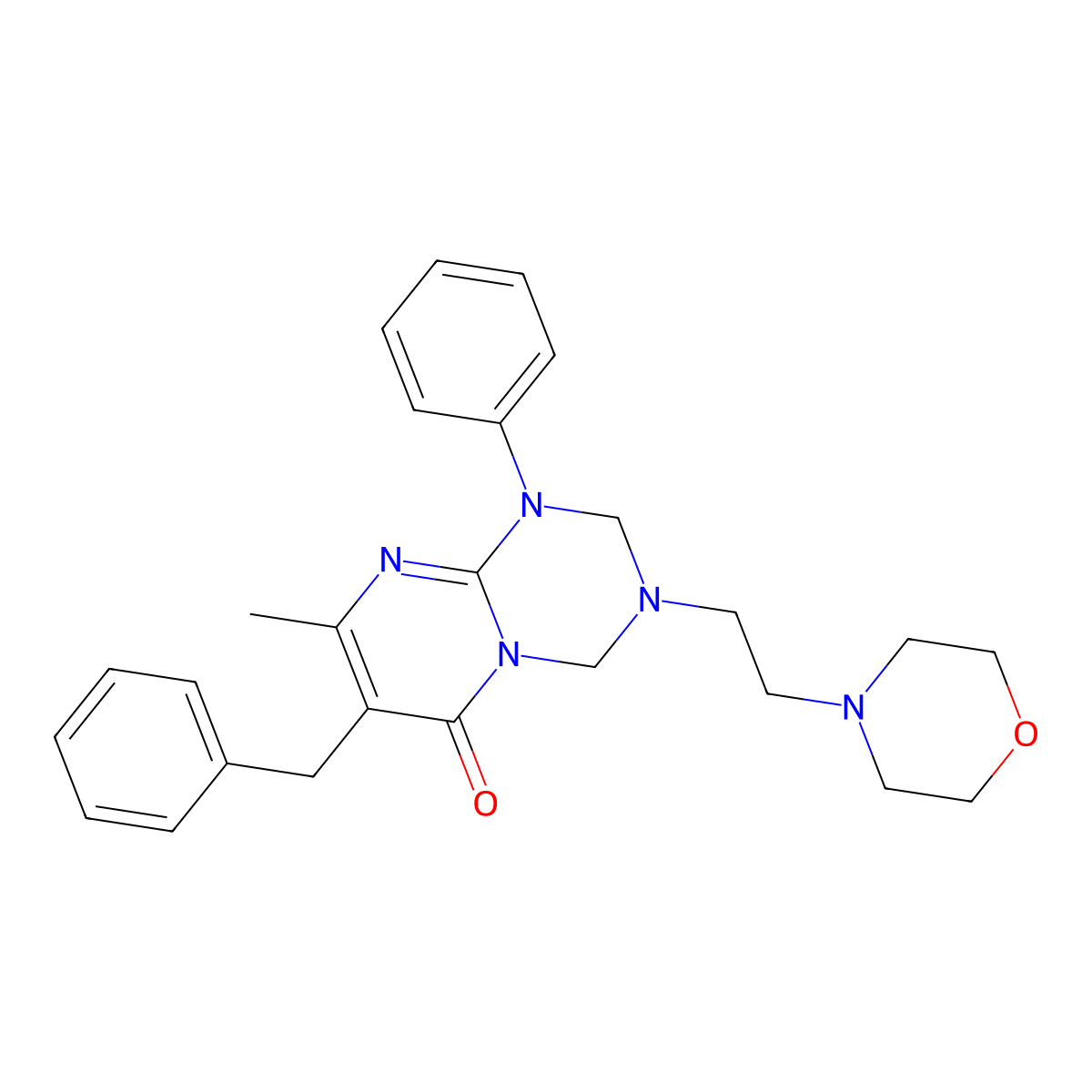 6H-Pyrimido[1,2-a]-1,3,5-triazin-6-one, 1,2,3,4-tetrahydro-8-methyl-3-[2-(4-morpholinyl)ethyl]-1-phenyl-7-(phenylmethyl)- molecular structure, CAS 1158516-15-4