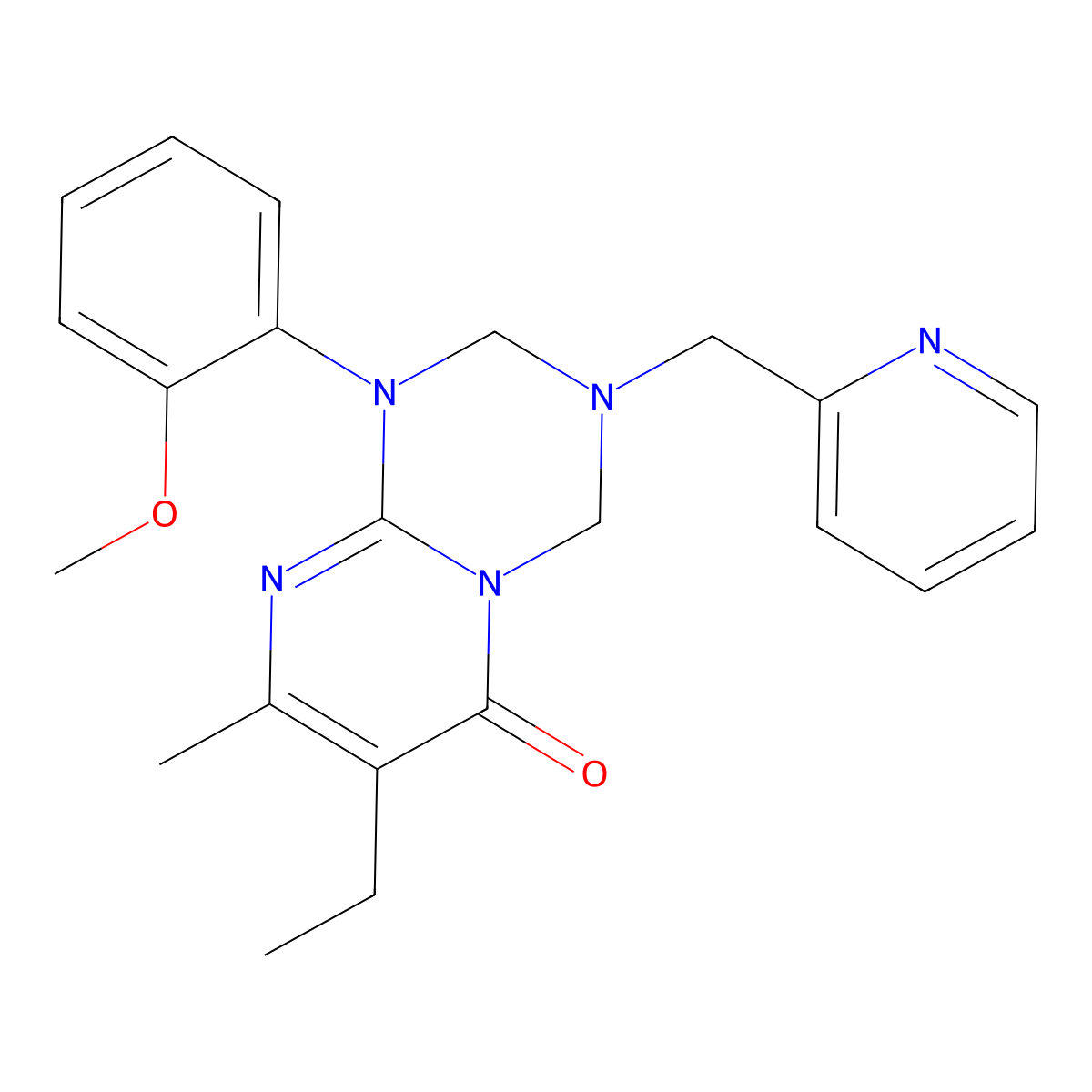 7-ethyl-1-(2-methoxyphenyl)-8-methyl-3-(2-pyridylmethyl)-1,2,3,4-tetrahydro-6H-pyrimido[1,2-a][1,3,5]triazin-6-one molecular structure, CAS 1158522-55-4