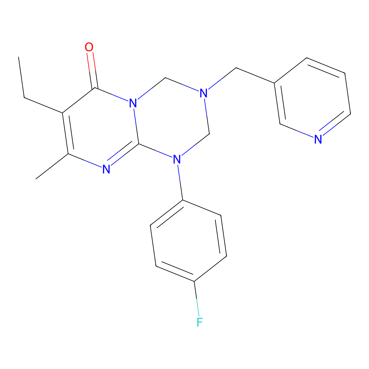 7-ethyl-1-(4-fluorophenyl)-8-methyl-3-(pyridin-3-ylmethyl)-1,2,3,4-tetrahydro-6H-pyrimido[1,2-a][1,3,5]triazin-6-one molecular structure, CAS 1158552-27-2