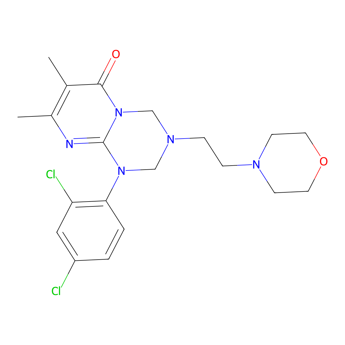 1-(2,4-dichlorophenyl)-7,8-dimethyl-3-(2-morpholinoethyl)-1,2,3,4-tetrahydro-6H-pyrimido[1,2-a][1,3,5]triazin-6-one molecular structure, CAS 1158553-71-9