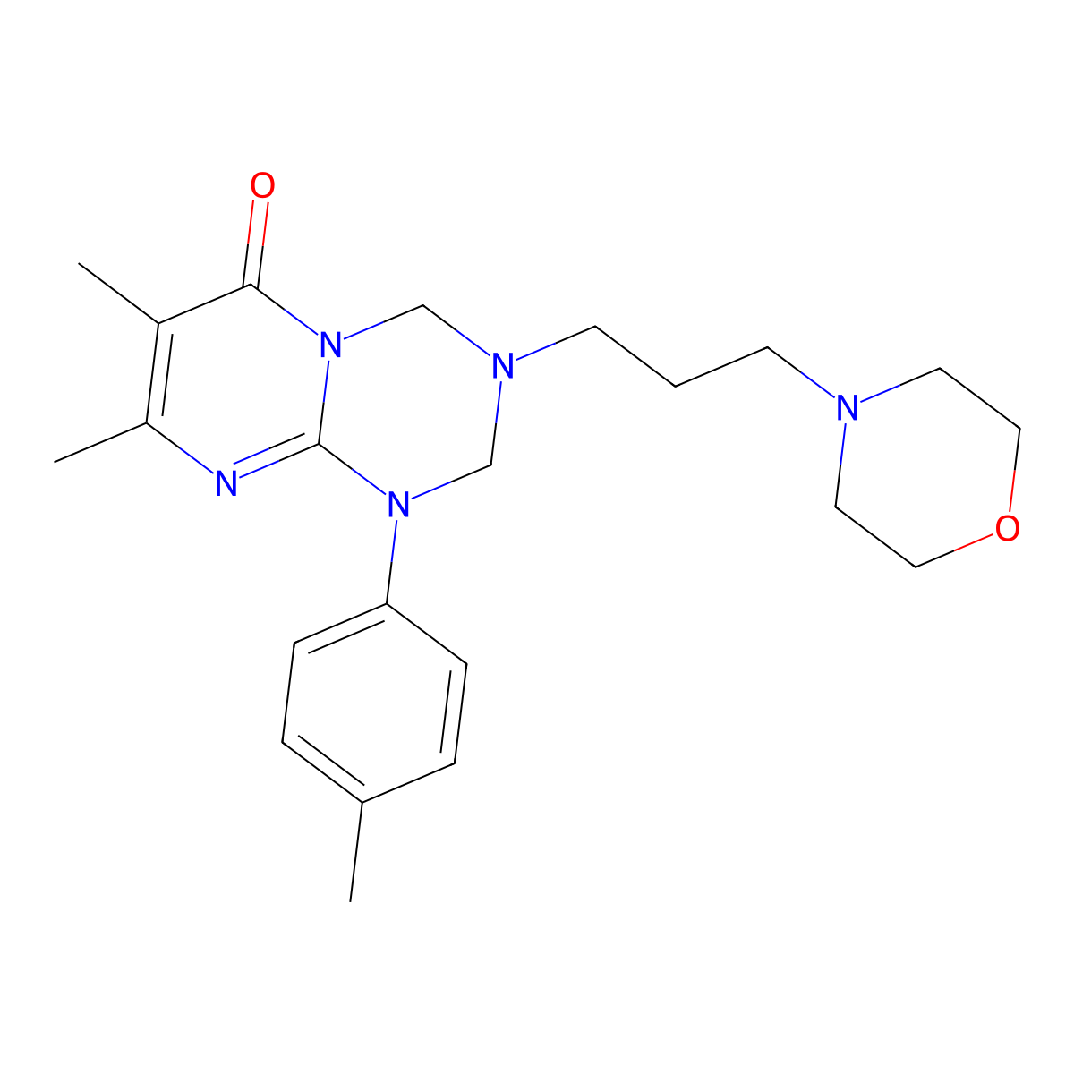7,8-dimethyl-1-(4-methylphenyl)-3-[3-(morpholin-4-yl)propyl]-1,2,3,4-tetrahydro-6H-pyrimido[1,2-a][1,3,5]triazin-6-one molecular structure, CAS 1158555-42-0