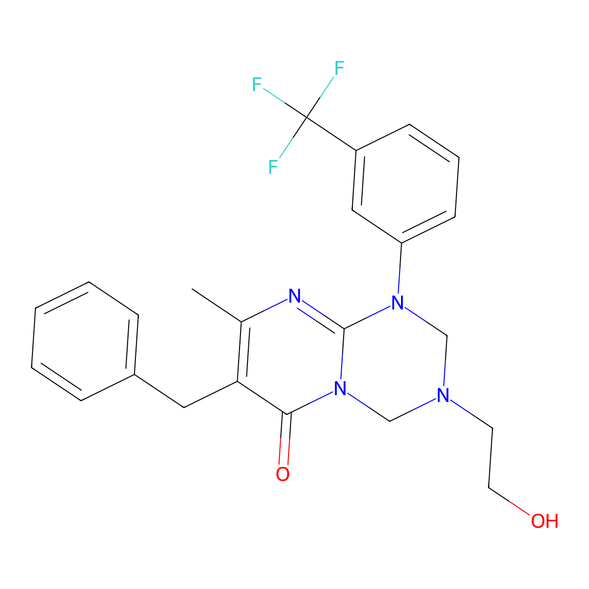7-benzyl-3-(2-hydroxyethyl)-8-methyl-1-[3-(trifluoromethyl)phenyl]-1,2,3,4-tetrahydro-6H-pyrimido[1,2-a][1,3,5]triazin-6-one molecular structure, CAS 1158563-41-7