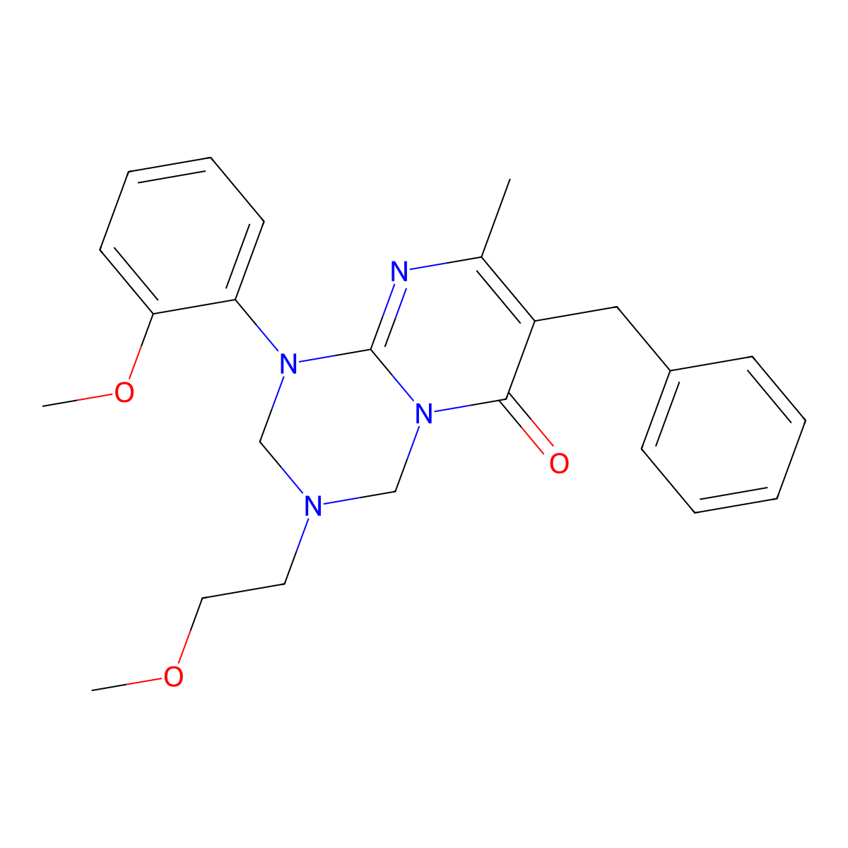 7-benzyl-3-(2-methoxyethyl)-1-(2-methoxyphenyl)-8-methyl-1,2,3,4-tetrahydro-6H-pyrimido[1,2-a][1,3,5]triazin-6-one molecular structure, CAS 1158575-60-0