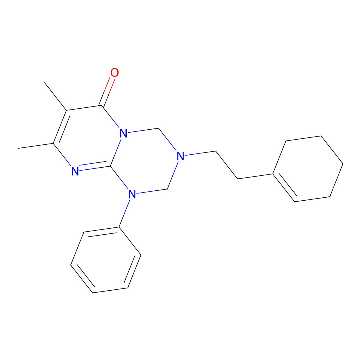 3-[2-(cyclohex-1-en-1-yl)ethyl]-7,8-dimethyl-1-phenyl-1,2,3,4-tetrahydro-6H-pyrimido[1,2-a][1,3,5]triazin-6-one molecular structure, CAS 1158628-54-6