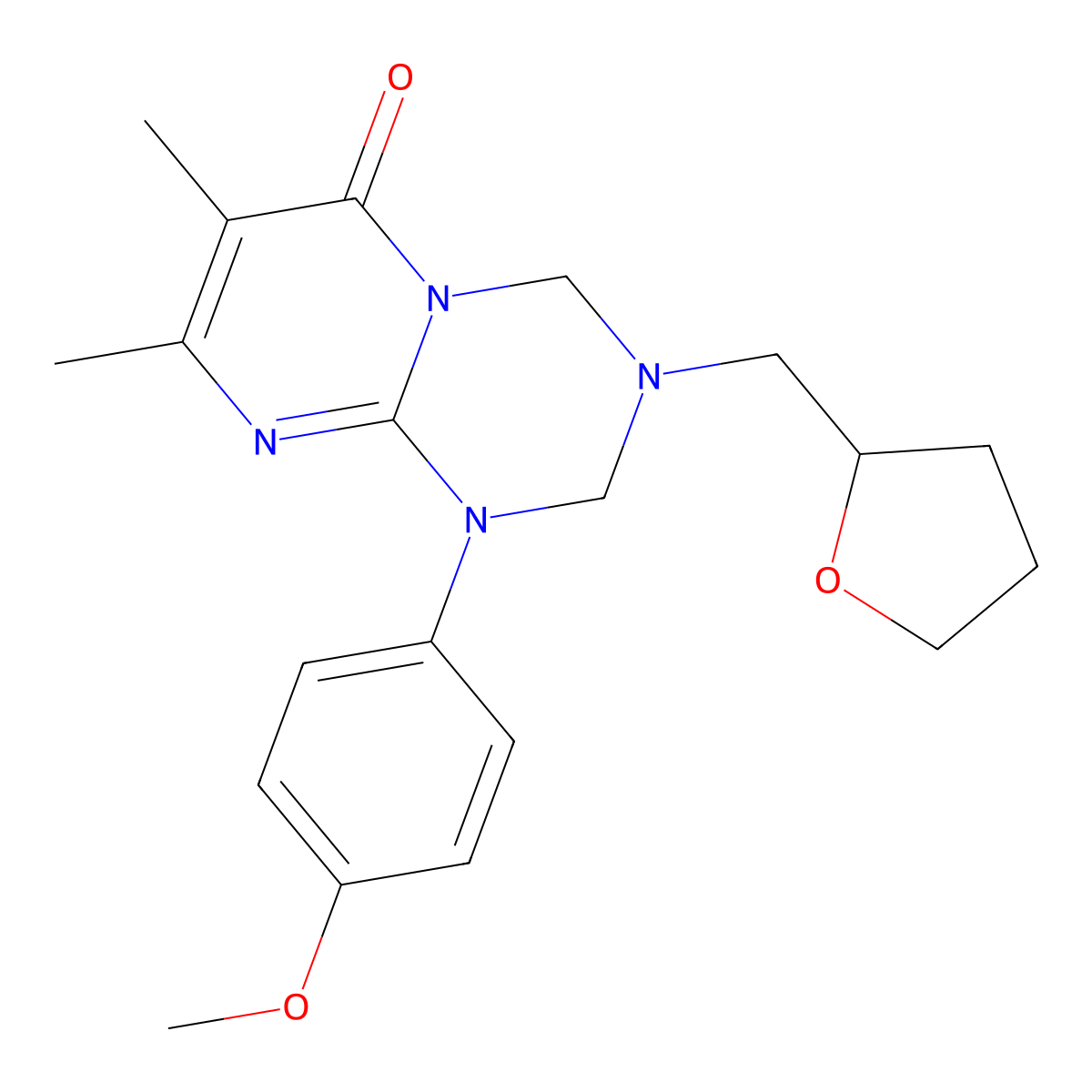 1-(4-methoxyphenyl)-7,8-dimethyl-3-(tetrahydrofuran-2-ylmethyl)-1,2,3,4-tetrahydro-6H-pyrimido[1,2-a][1,3,5]triazin-6-one molecular structure, CAS 1158636-84-0