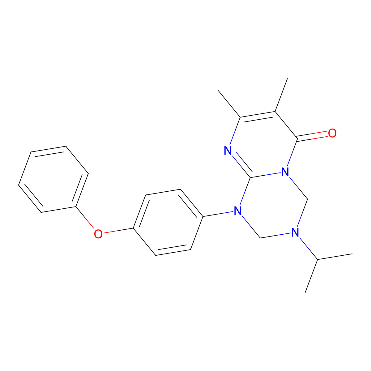 7,8-dimethyl-1-(4-phenoxyphenyl)-3-(propan-2-yl)-1,2,3,4-tetrahydro-6H-pyrimido[1,2-a][1,3,5]triazin-6-one molecular structure, CAS 1158642-45-5