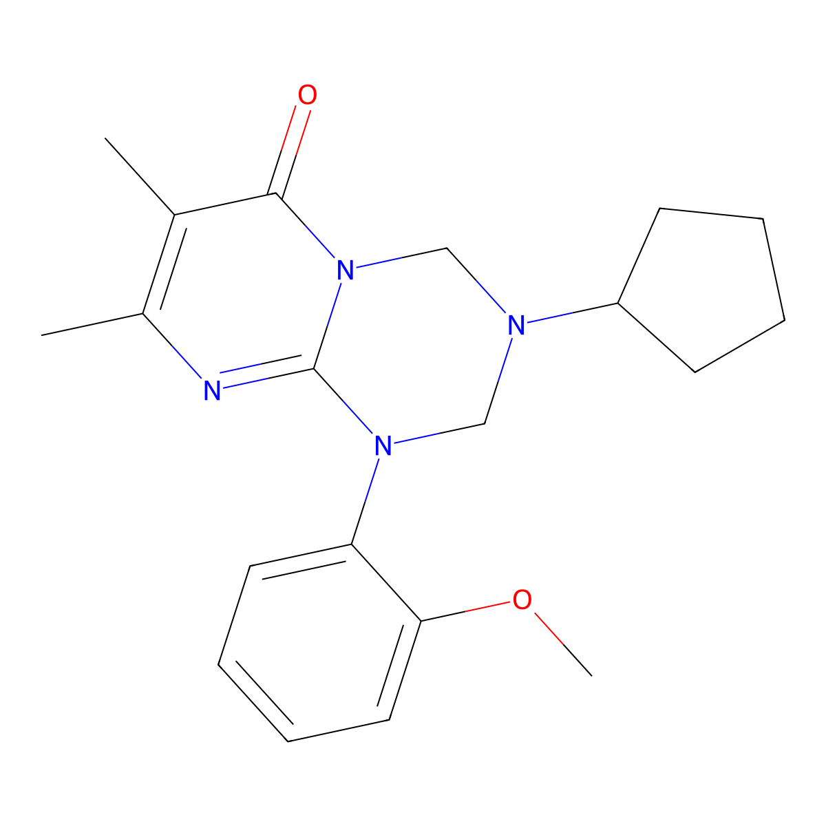3-cyclopentyl-1-(2-methoxyphenyl)-7,8-dimethyl-1,2,3,4-tetrahydro-6H-pyrimido[1,2-a][1,3,5]triazin-6-one molecular structure, CAS 1158748-65-2