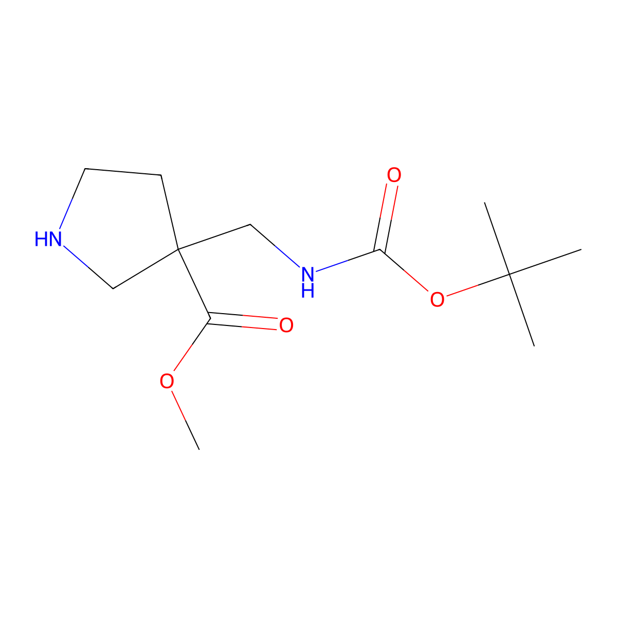 Methyl 3-((((tert-butoxy)carbonyl)amino)methyl)pyrrolidine-3-carboxylate molecular structure, CAS 1158759-36-4
