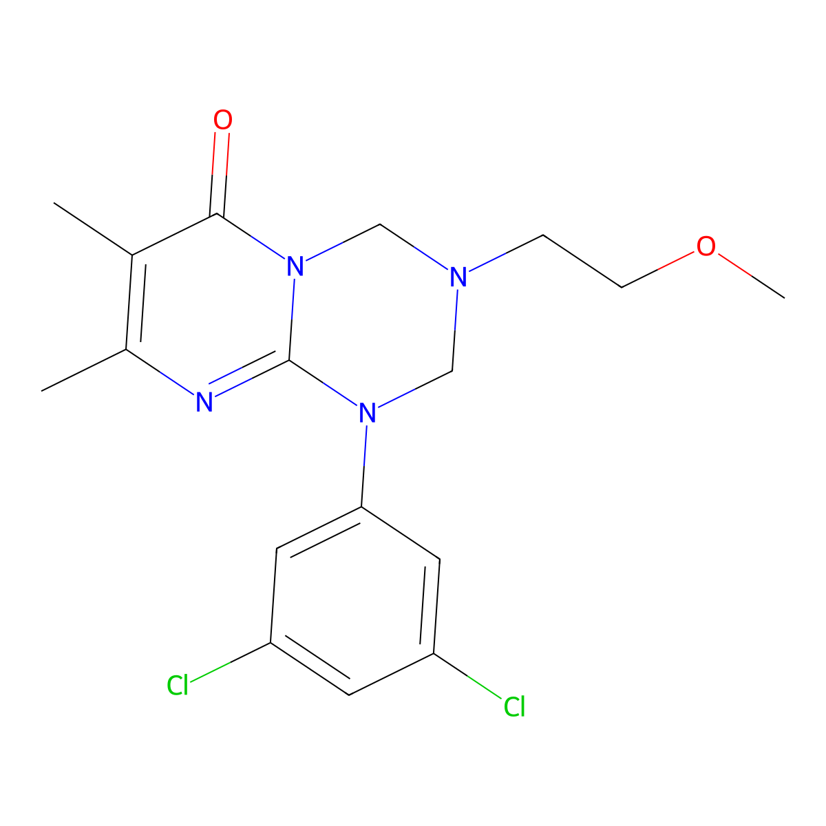 1-(3,5-dichlorophenyl)-3-(2-methoxyethyl)-7,8-dimethyl-1,2,3,4-tetrahydro-6H-pyrimido[1,2-a][1,3,5]triazin-6-one molecular structure, CAS 1158760-56-5