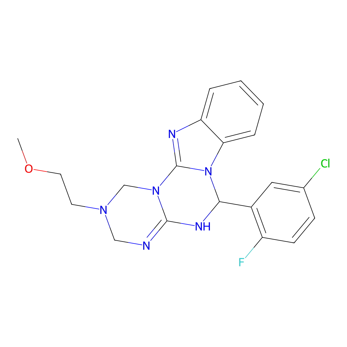 6-(5-chloro-2-fluorophenyl)-2-(2-methoxyethyl)-2,3,4,6-tetrahydro-1H-[1,3,5]triazino[1',2':3,4][1,3,5]triazino[1,2-a]benzimidazole molecular structure, CAS 1158788-07-8