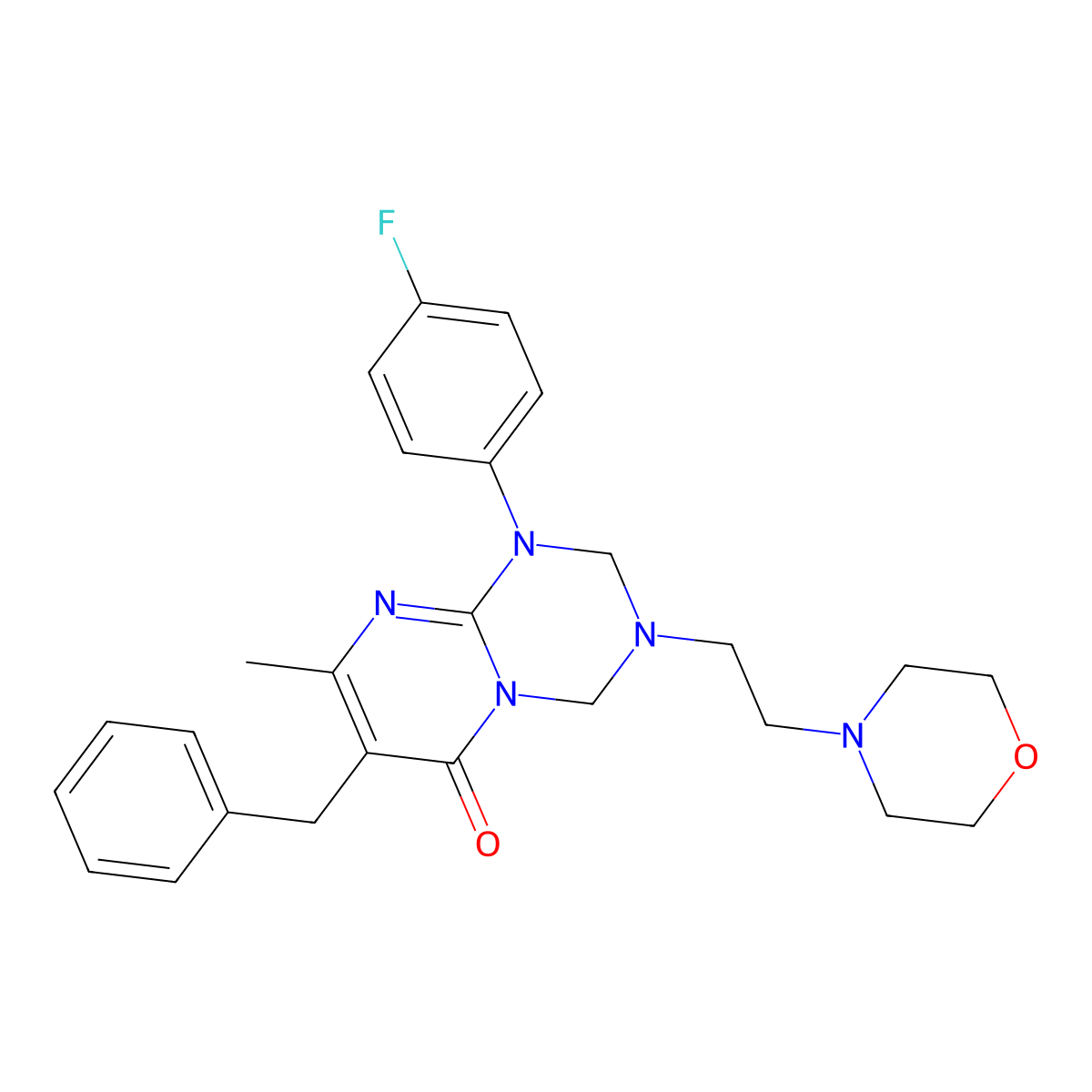 7-benzyl-1-(4-fluorophenyl)-8-methyl-3-[2-(morpholin-4-yl)ethyl]-1,2,3,4-tetrahydro-6H-pyrimido[1,2-a][1,3,5]triazin-6-one molecular structure, CAS 1158795-09-5