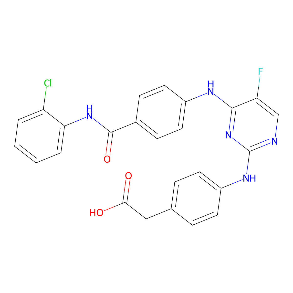 2-(4-(4-(4-(2-Chlorophenylcarbamoyl)phenylamino)-5-fluoropyrimidin-2-ylamino)phenyl)acetic acid molecular structure, CAS 1158838-42-6