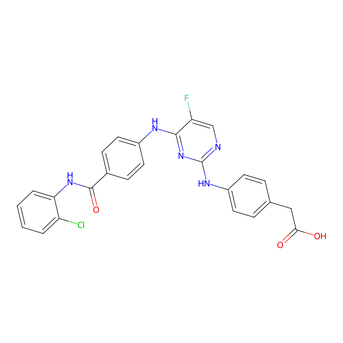 2-(4-(4-(4-(2-Chlorophenylcarbamoyl)phenylamino)-5-fluoropyrimidin-2-ylamino)phenyl)acetic acid molecular structure, CAS 1158838-42-6