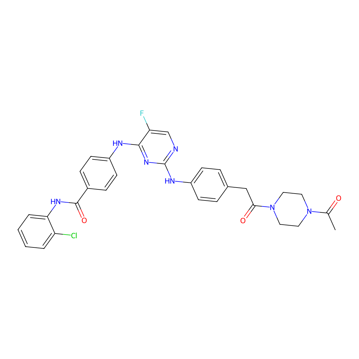 4-{[2-({4-[2-(4-Acetylpiperazin-1-Yl)-2-Oxoethyl]phenyl}amino)-5-Fluoropyrimidin-4-Yl]amino}-N-(2-Chlorophenyl)benzamide molecular structure, CAS 1158838-43-7
