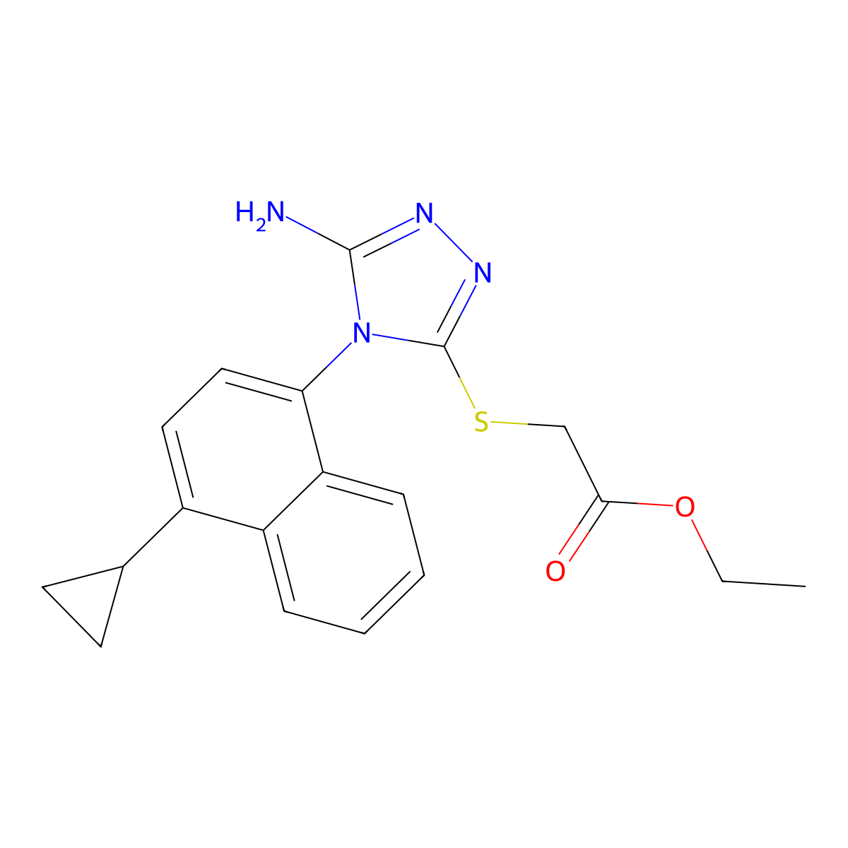 Ethyl 2-((5-amino-4-(4-cyclopropylnaphthalen-1-YL)-4H-1,2,4-triazol-3-YL)thio)acetate molecular structure, CAS 1158970-36-5
