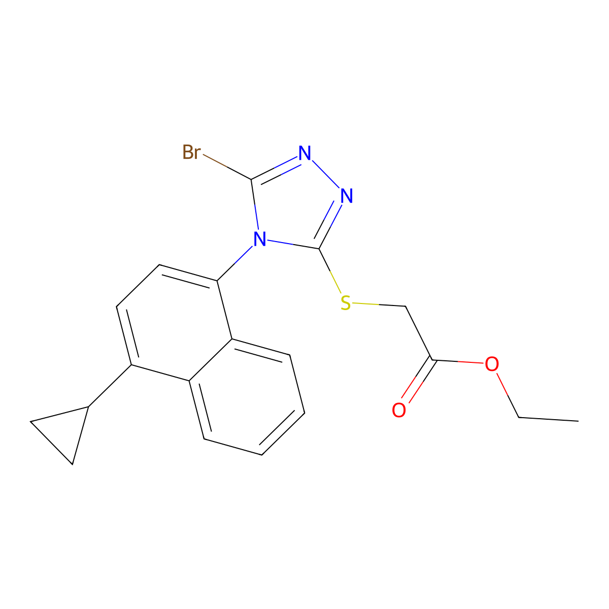 Ethyl 2-((5-bromo-4-(4-cyclopropylnaphthalen-1-yl)-4H-1,2,4-triazol-3-yl)thio)acetate molecular structure, CAS 1158970-52-5