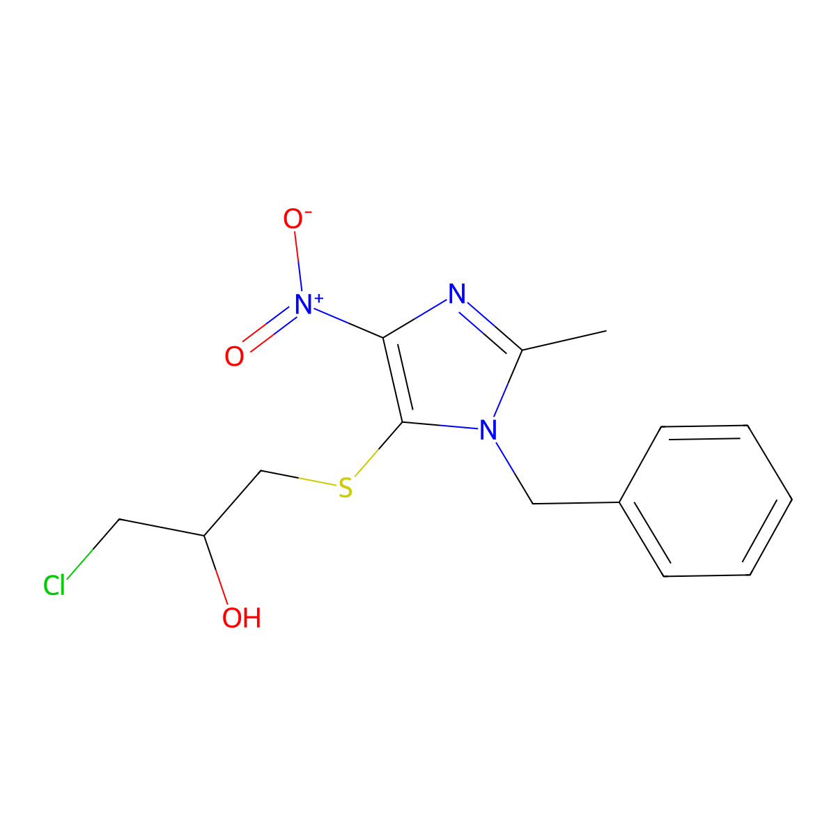 2-Propanol, 1-chloro-3-((2-methyl-4-nitro-1-(phenylmethyl)-1H-imidazol-5-yl)thio)- molecular structure, CAS 115906-47-3