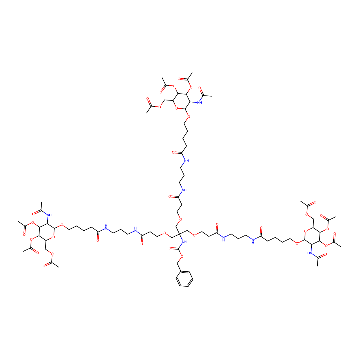 5-Oxa-2,9,13-triazaoctadecanoic acid, 8,14-dioxo-3,3-bis[[3-oxo-3-[[3-[[1-oxo-5-[[3,4,6-tri-O-acetyl-2-(acetylamino)-2-deoxy-|A-D-galactopyranosyl]oxy]pentyl]amino]propyl]amino]propoxy]methyl]-18-[[3,4,6-tri-O-acetyl-2-(acetylamino)-2-deoxy-|A-D-galactopyranosyl]oxy]-, phenylmethyl ester molecular structure, CAS 1159408-63-5