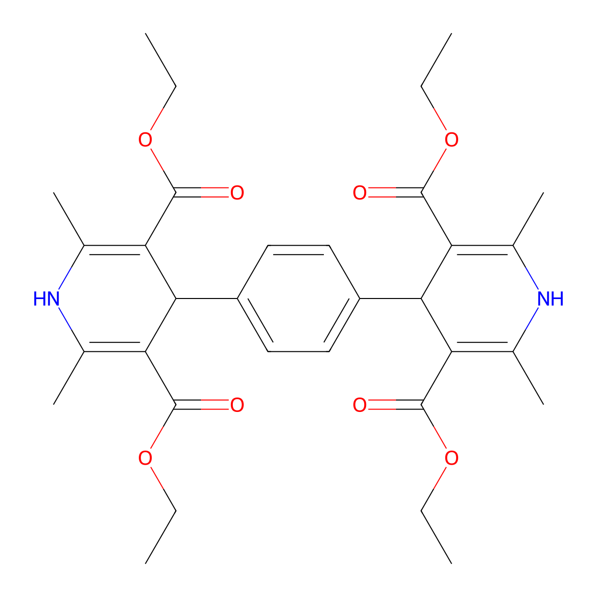 Tetraethyl 4,4'-(1,4-phenylene)bis(2,6-dimethyl-1,4-dihydropyridine-3,5-dicarboxylate) molecular structure, CAS 115951-98-9