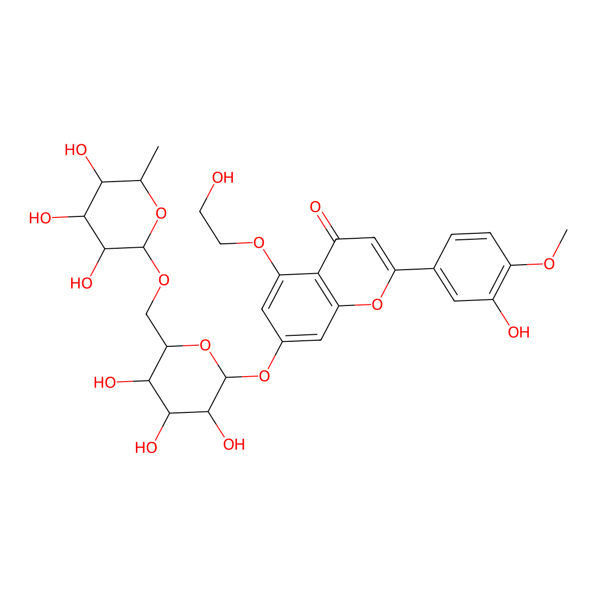 7-((6-O-(6-Deoxy-alpha-L-mannopyranosyl)-beta-D-glucopyranosyl)oxy)-5-(2-hydroxyethoxy)-2-(3-hydroxy-4-methoxyphenyl)-4H-1-benzopyran-4-one molecular structure, CAS 115960-14-0