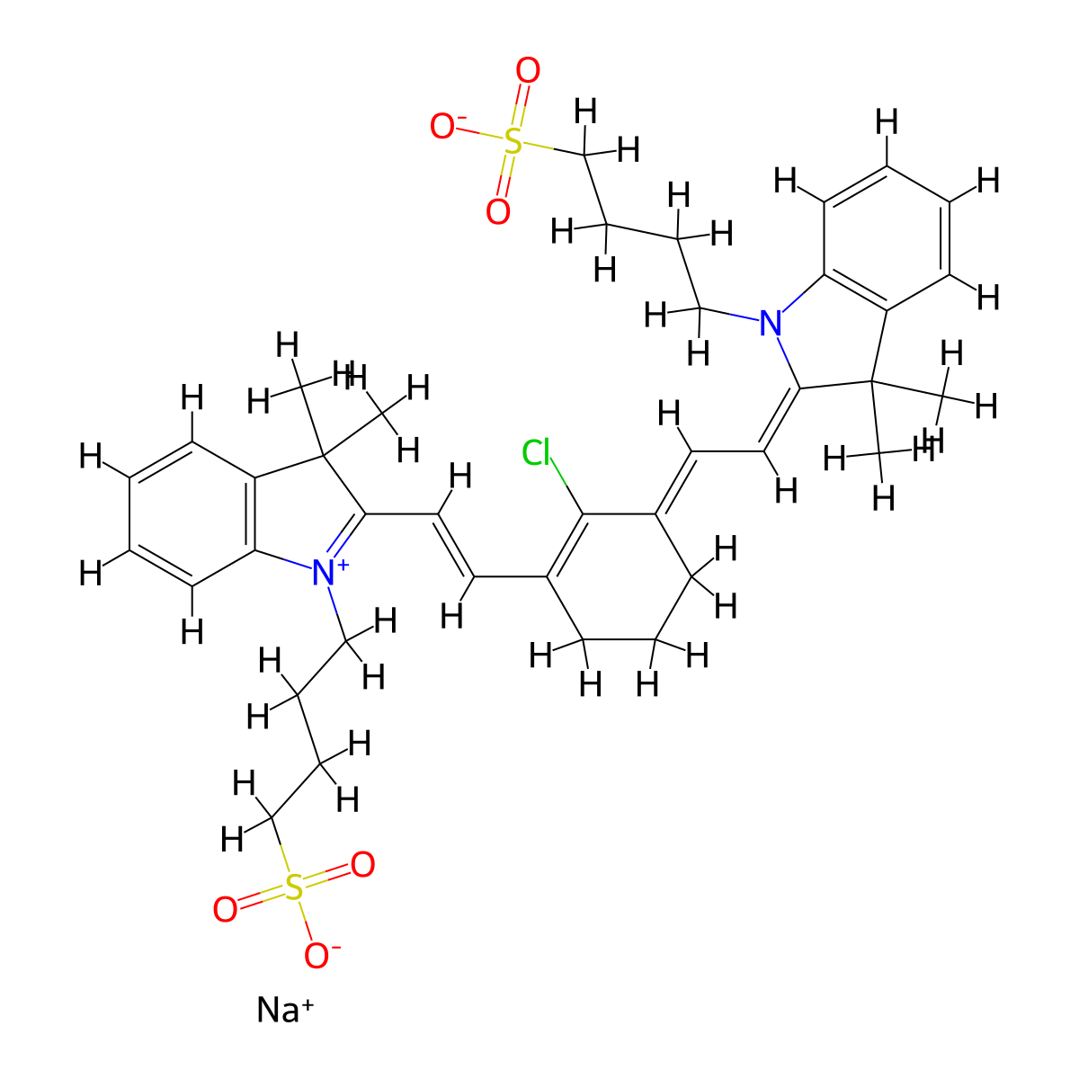 Sodium 4-(2-(2-(2-chloro-3-(2-(3,3-dimethyl-1-(4-sulfonatobutyl)-3H-indol-1-ium-2-yl)vinyl)cyclohex-2-en-1-ylidene)ethylidene)-3,3-dimethylindolin-1-yl)butane-1-sulfonate molecular structure, CAS 115970-66-6