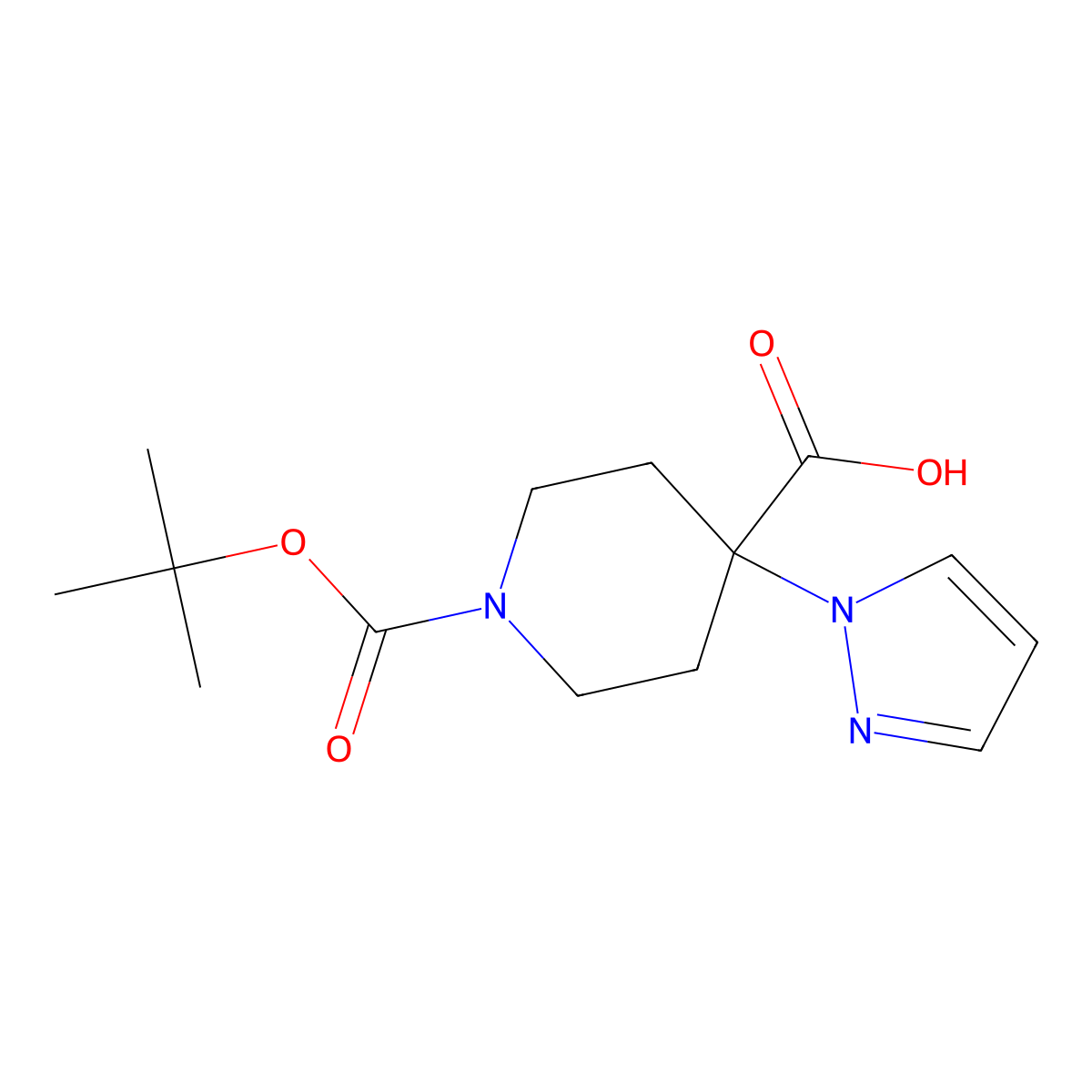 1-((tert-butoxy)carbonyl)-4-(1H-pyrazol-1-yl)piperidine-4-carboxylic acid molecular structure, CAS 1159835-39-8