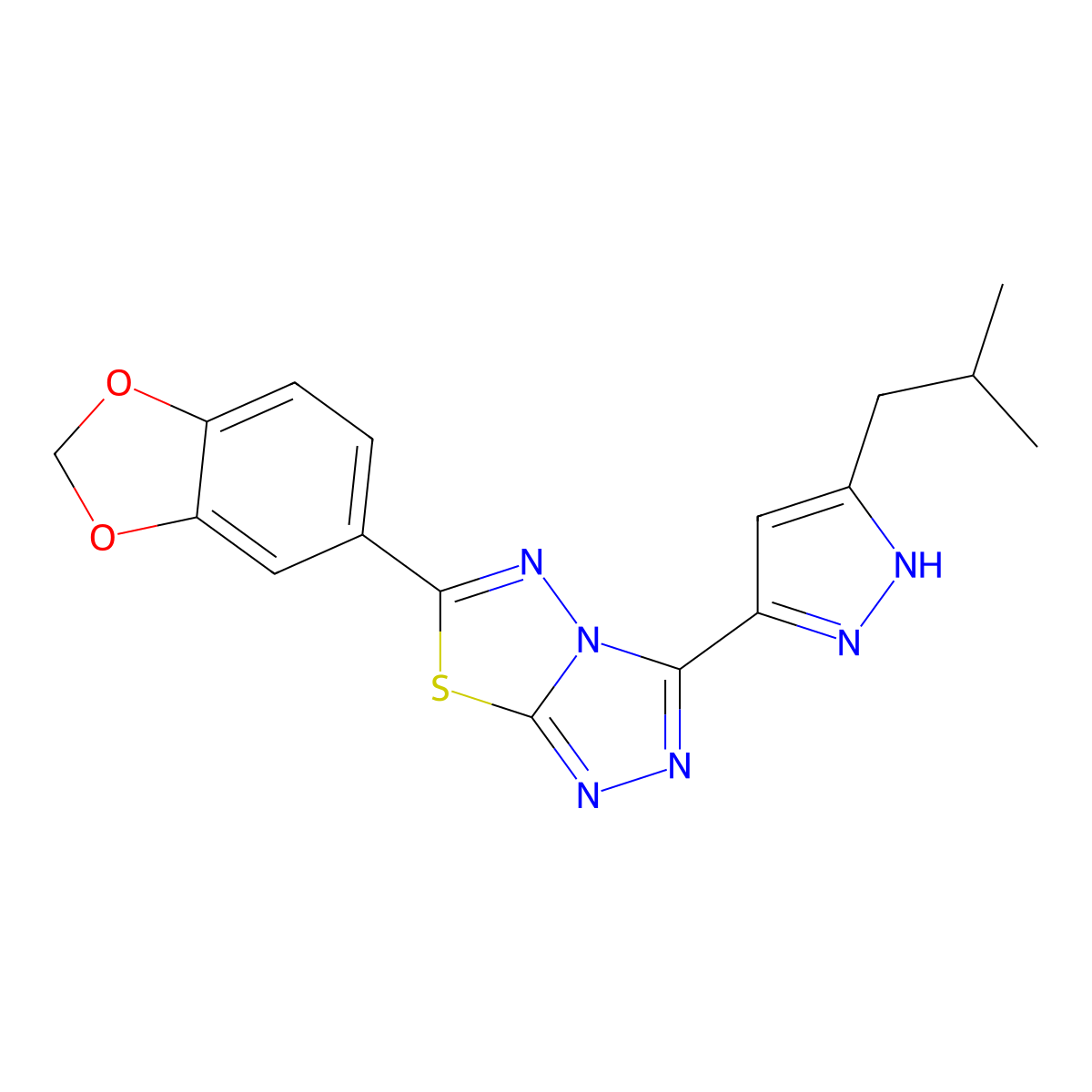 6-(1,3-benzodioxol-5-yl)-3-(3-isobutyl-1H-pyrazol-5-yl)[1,2,4]triazolo[3,4-b][1,3,4]thiadiazole molecular structure, CAS 1160100-92-4
