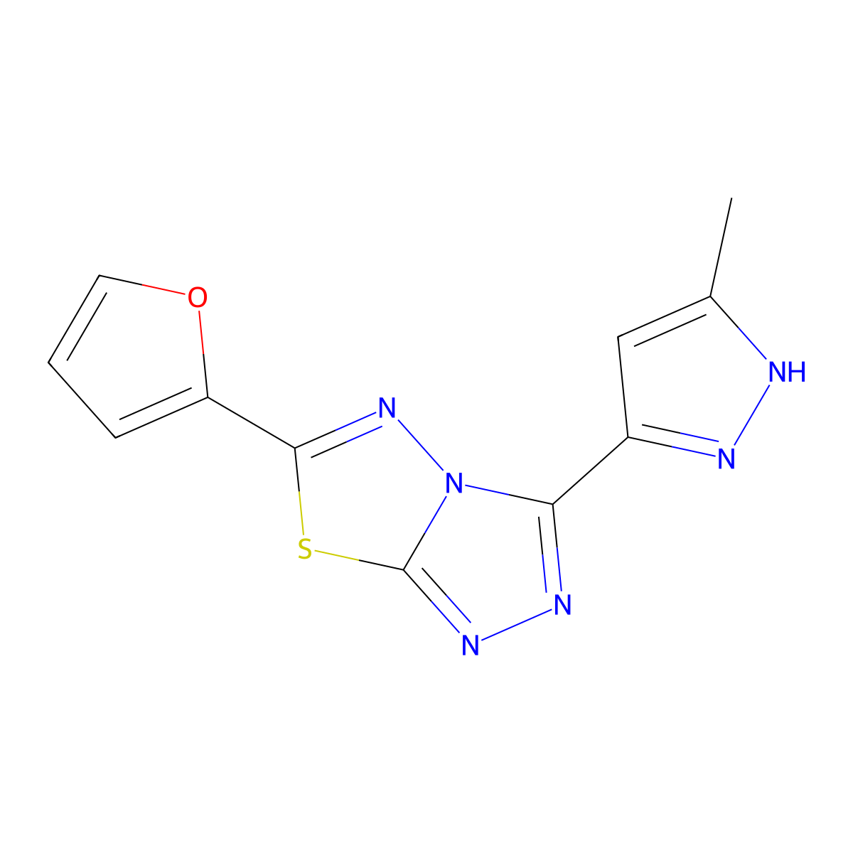 6-(2-furyl)-3-(3-methyl-1H-pyrazol-5-yl)[1,2,4]triazolo[3,4-b][1,3,4]thiadiazole molecular structure, CAS 1160100-99-1
