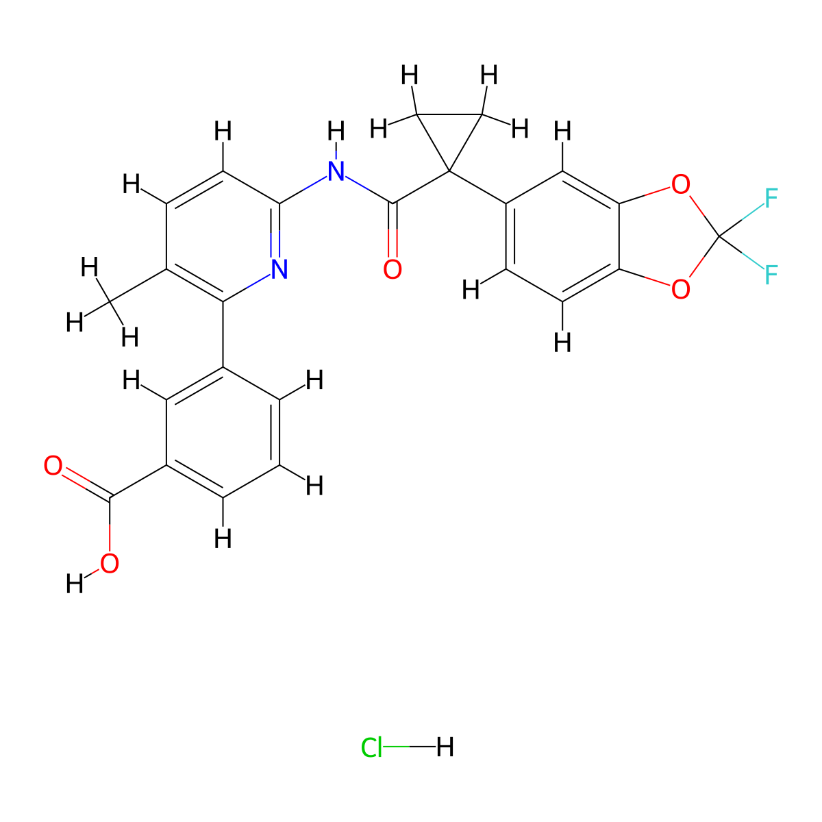 3-(6-(((1-(2,2-Difluorobenzo(d)(1,3)dioxol-5-yl)cyclopropyl)carbonyl)amino)-3-methylpyridin-2-yl)benzoic acid hydrochloride molecular structure, CAS 1160221-26-0