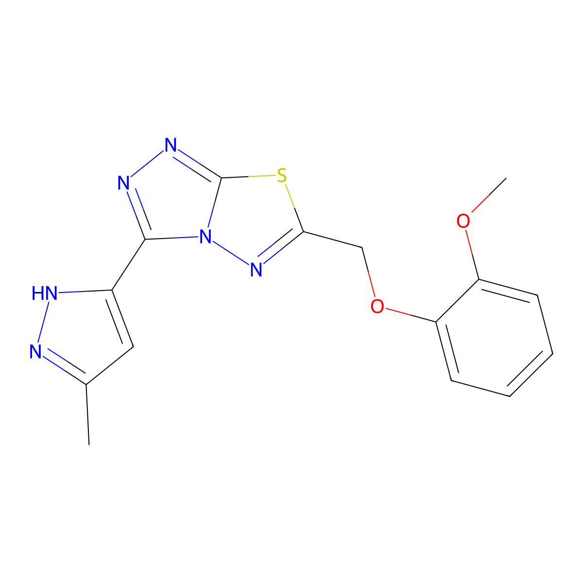 6-[(2-methoxyphenoxy)methyl]-3-(3-methyl-1H-pyrazol-5-yl)[1,2,4]triazolo[3,4-b][1,3,4]thiadiazole molecular structure, CAS 1160226-92-5