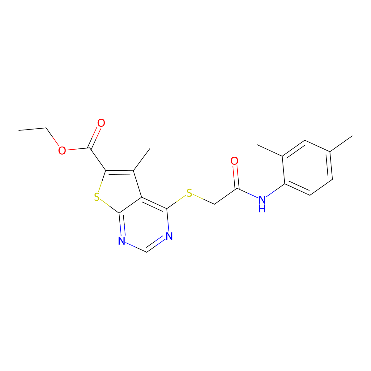 Ethyl 4-({[(2,4-dimethylphenyl)carbamoyl]methyl}sulfanyl)-5-methylthieno[2,3-d]pyrimidine-6-carboxylate molecular structure, CAS 1160237-22-8