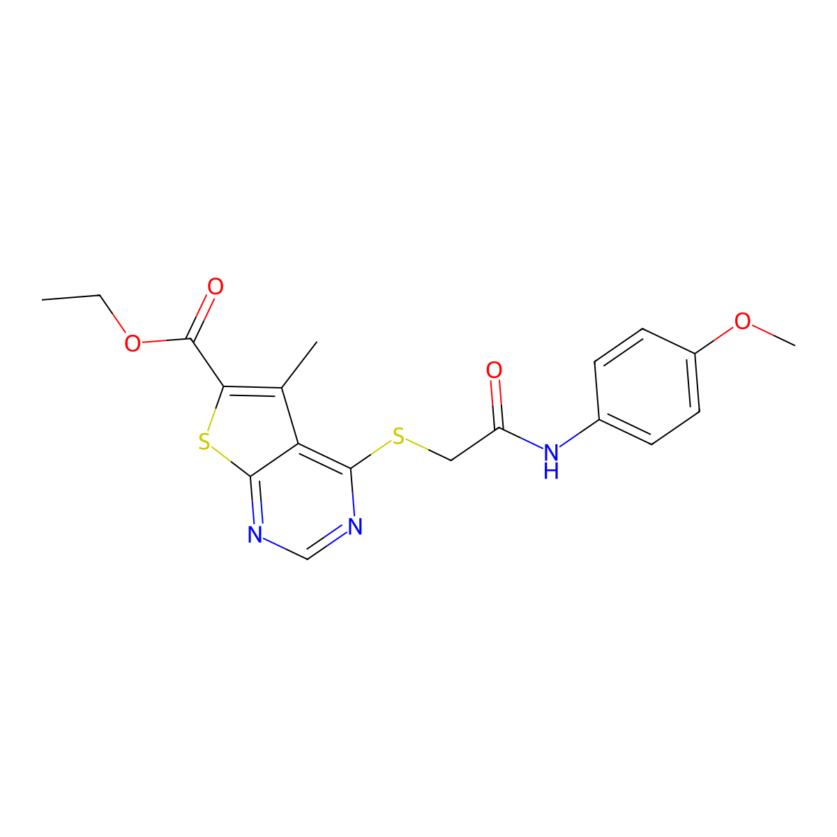 Ethyl 4-({[(4-methoxyphenyl)carbamoyl]methyl}sulfanyl)-5-methylthieno[2,3-d]pyrimidine-6-carboxylate molecular structure, CAS 1160237-24-0