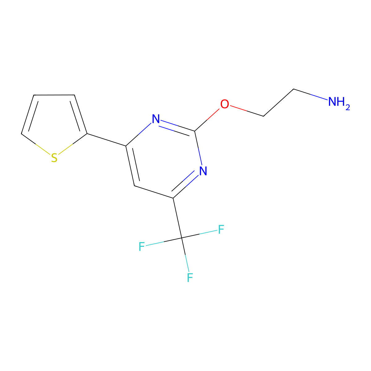 2-{[4-(Thiophen-2-yl)-6-(trifluoromethyl)pyrimidin-2-yl]oxy}ethan-1-amine molecular structure, CAS 1160246-48-9