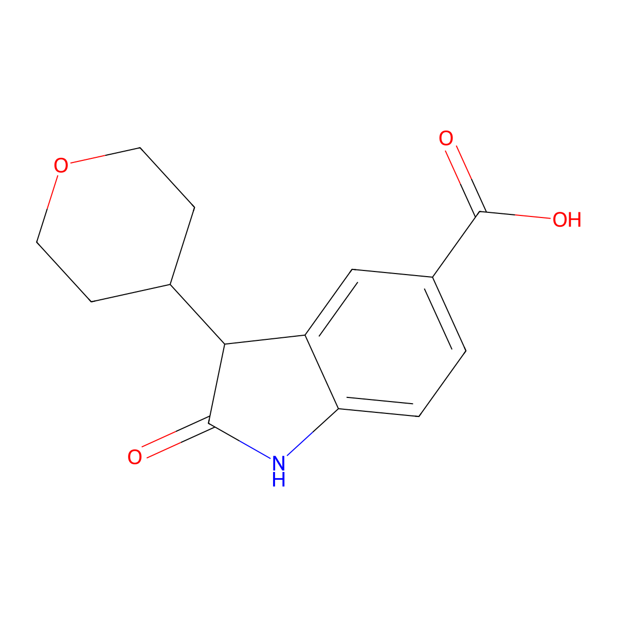 2-Oxo-3-(tetrahydro-2H-pyran-4-yl)indoline-5-carboxylic acid molecular structure, CAS 1160248-19-0
