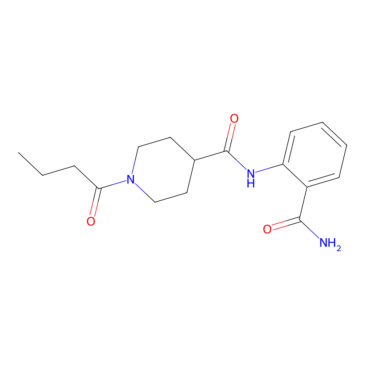 1-butanoyl-N-(2-carbamoylphenyl)piperidine-4-carboxamide molecular structure, CAS 1160270-78-9