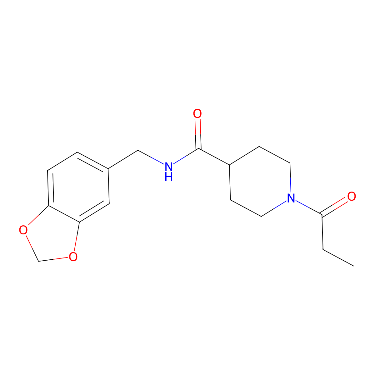N-(1,3-benzodioxol-5-ylmethyl)-1-propanoylpiperidine-4-carboxamide molecular structure, CAS 1160271-04-4