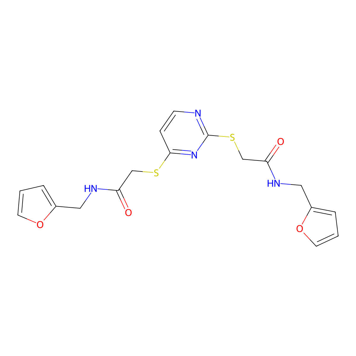 N-[(furan-2-yl)methyl]-2-({2-[({[(furan-2-yl)methyl]carbamoyl}methyl)sulfanyl]pyrimidin-4-yl}sulfanyl)acetamide molecular structure, CAS 1160271-71-5