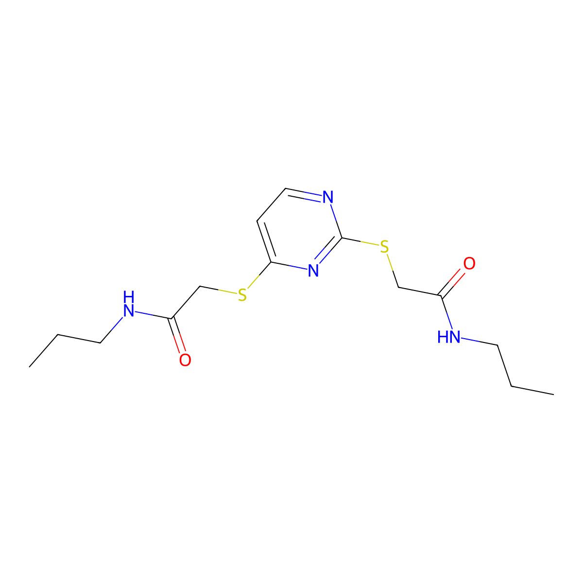 N-propyl-2-[(2-{[(propylcarbamoyl)methyl]sulfanyl}pyrimidin-4-yl)sulfanyl]acetamide molecular structure, CAS 1160271-76-0