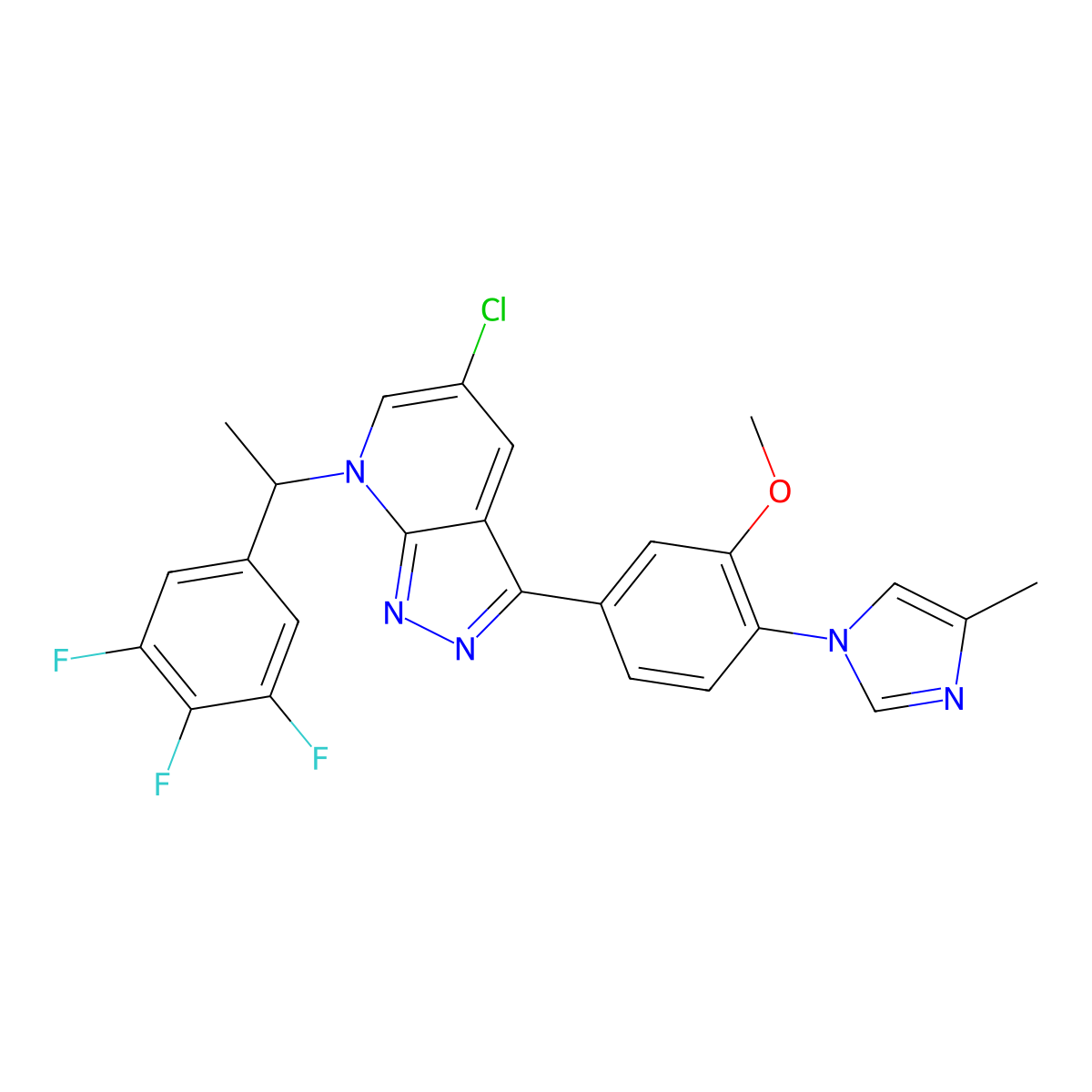 (S)-5-Chloro-3-(3-methoxy-4-(4-methyl-1H-imidazol-1-YL)phenyl)-7-(1-(3,4,5-trifluorophenyl)ethyl)-7H-pyrazolo[3,4-B]pyridine molecular structure, CAS 1160358-91-7