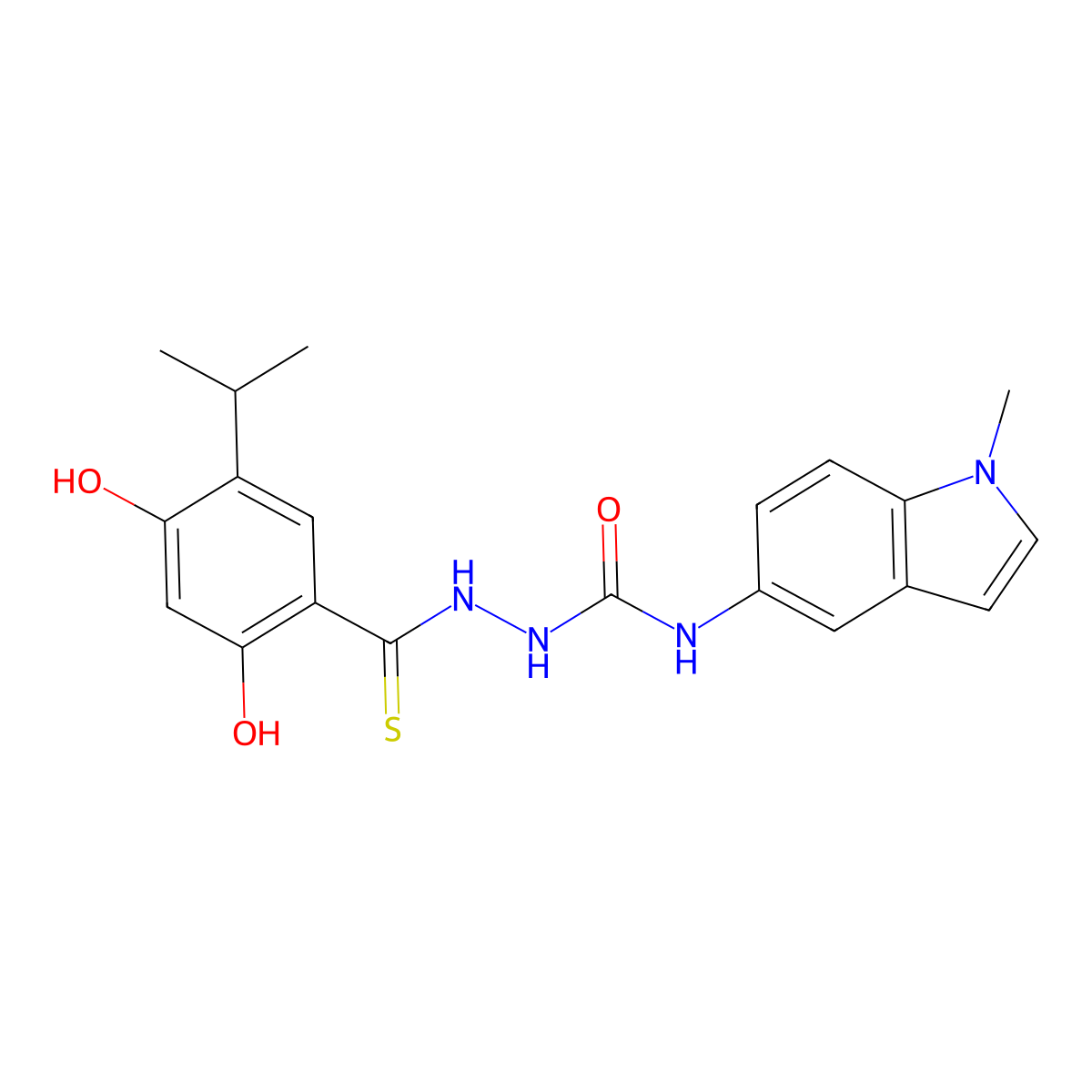Benzenecarbothioic acid, 2,4-dihydroxy-5-(1-methylethyl)-, 2-[[(1-methyl-1H-indol-5-yl)amino]carbonyl]hydrazide molecular structure, CAS 1160618-89-2