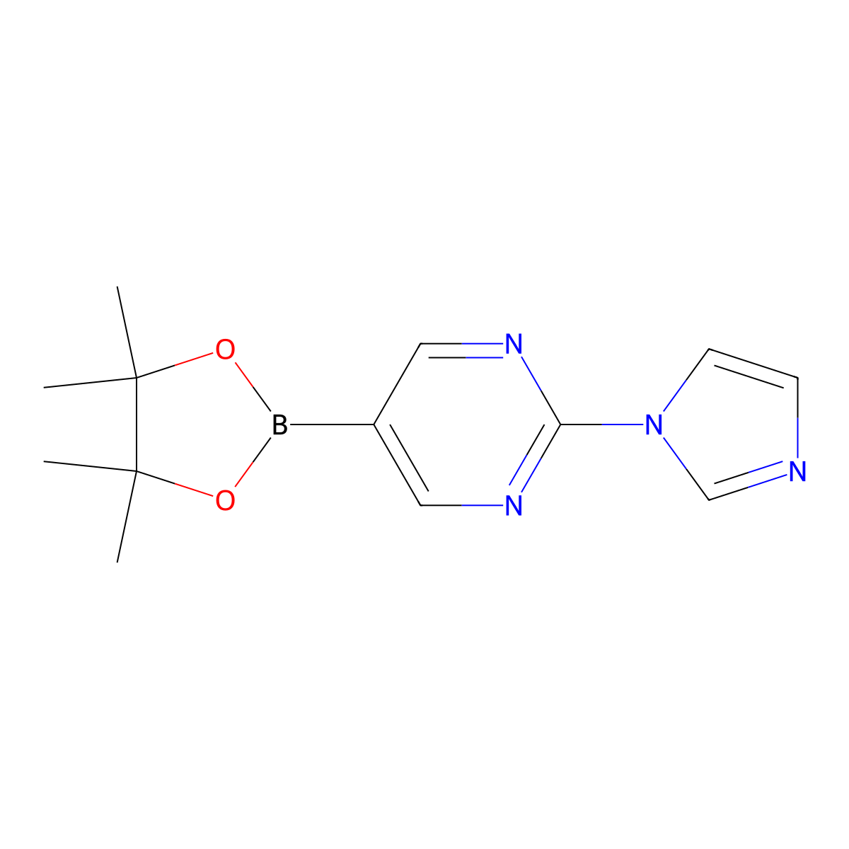 2-(1H-Imidazol-1-yl)-5-(4,4,5,5-tetramethyl-1,3,2-dioxaborolan-2-yl)pyrimidine molecular structure, CAS 1160790-26-0