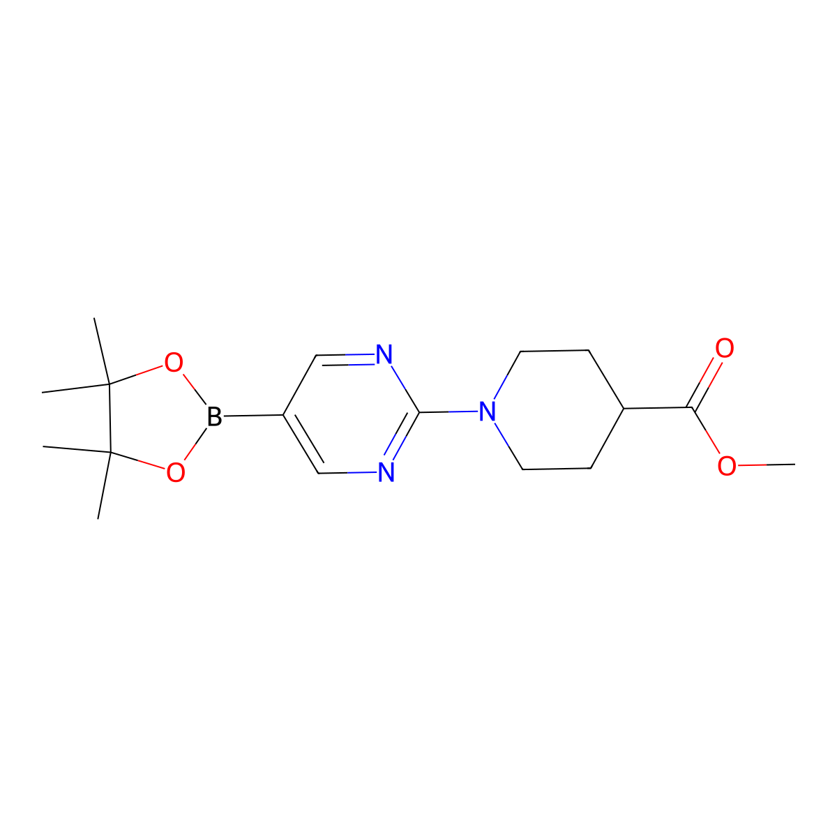 Methyl 1-(5-(4,4,5,5-tetramethyl-1,3,2-dioxaborolan-2-YL)pyrimidin-2-YL)piperidine-4-carboxylate molecular structure, CAS 1160790-50-0