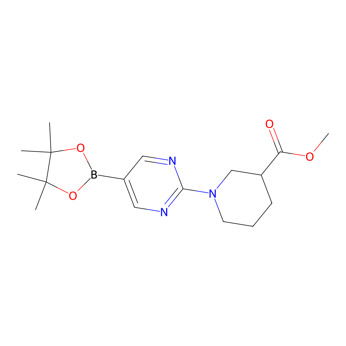 Methyl 1-(5-(4,4,5,5-tetramethyl-1,3,2-dioxaborolan-2-yl)pyrimidin-2-yl)piperidine-3-carboxylate molecular structure, CAS 1160790-51-1