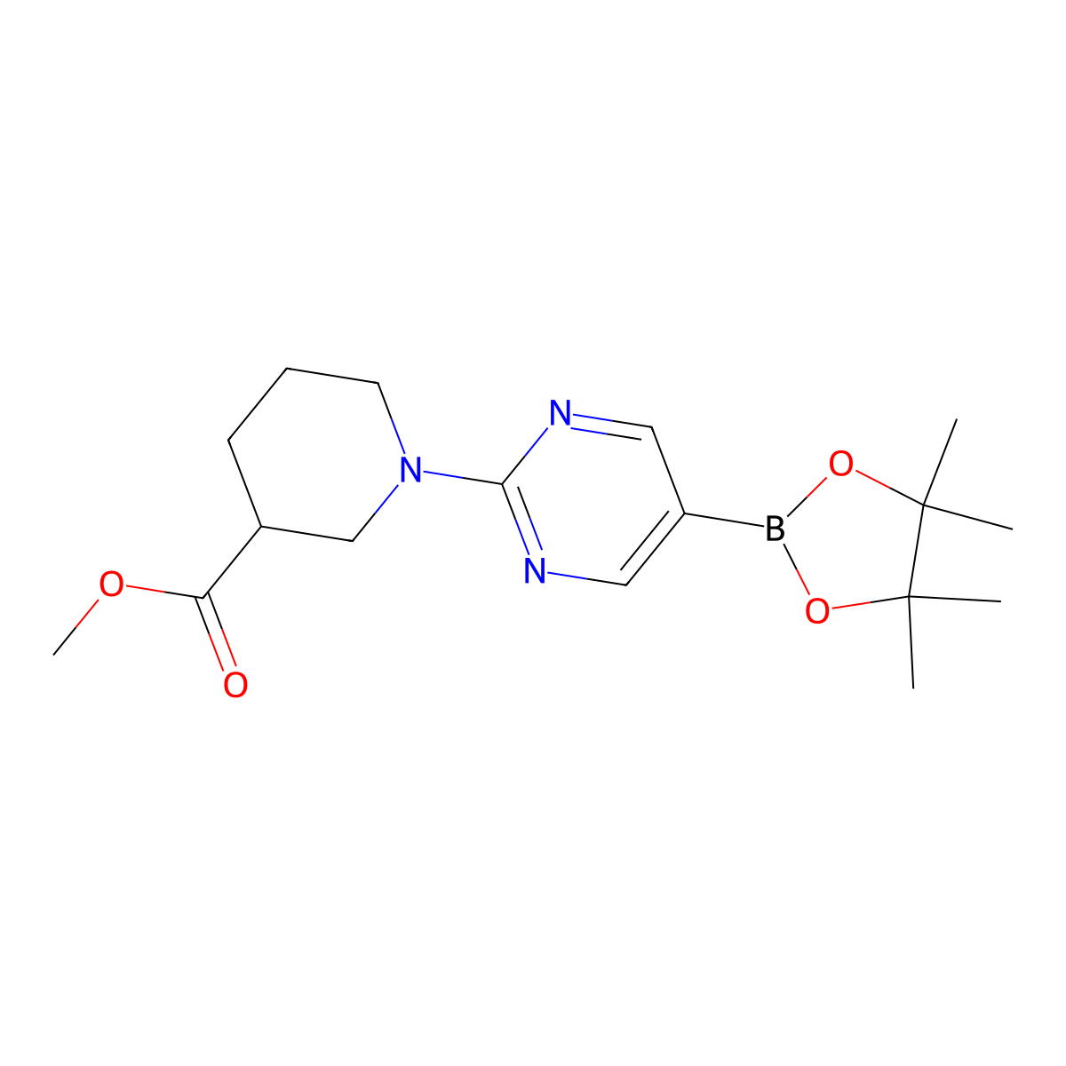 Methyl 1-(5-(4,4,5,5-tetramethyl-1,3,2-dioxaborolan-2-yl)pyrimidin-2-yl)piperidine-3-carboxylate molecular structure, CAS 1160790-51-1