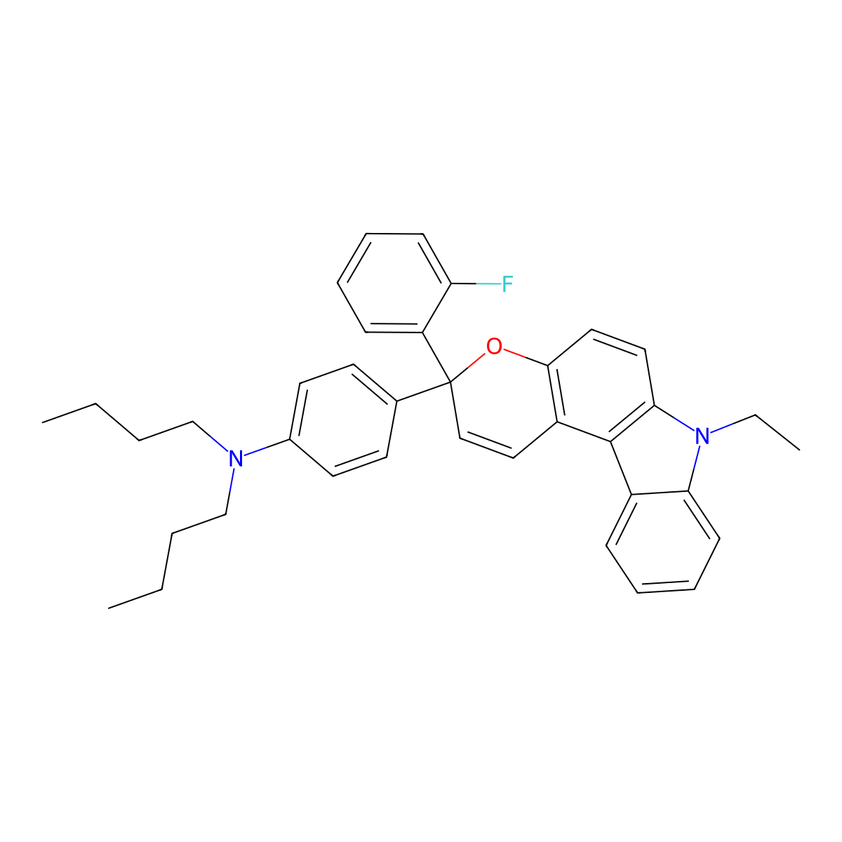N,N-Dibutyl-4-(7-ethyl-3-(2-fluorophenyl)-3,7-dihydropyrano[2,3-c]carbazol-3-yl)benzenamine molecular structure, CAS 1160994-29-5