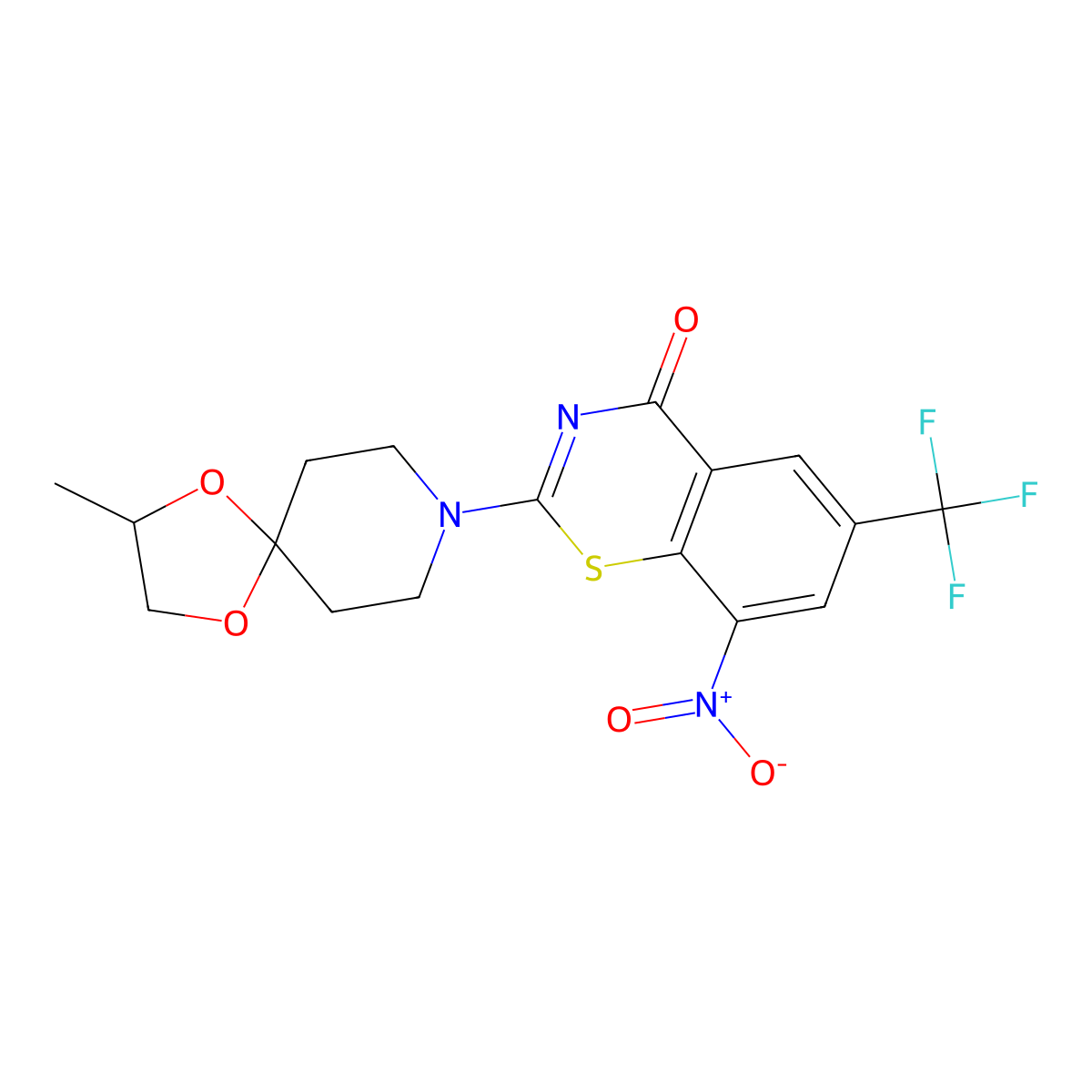 2-((2S)-2-Methyl-1,4-dioxa-8-azaspiro(4.5)dec-8-yl)-8-nitro-6-(trifluoromethyl)-4H-1,3-benzothiazin-4-one molecular structure, CAS 1161233-85-7